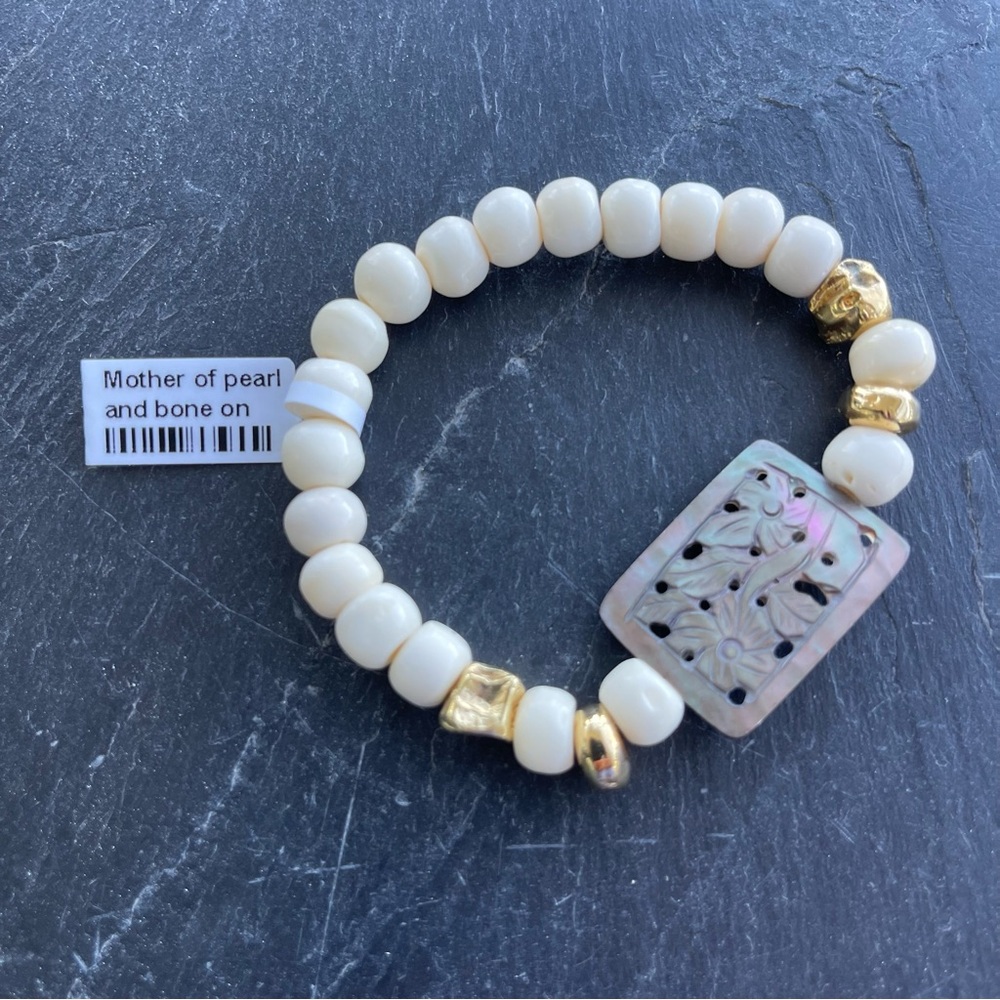 Elegant one of a kind Mother of Pearl and Bone Bracelet 6”